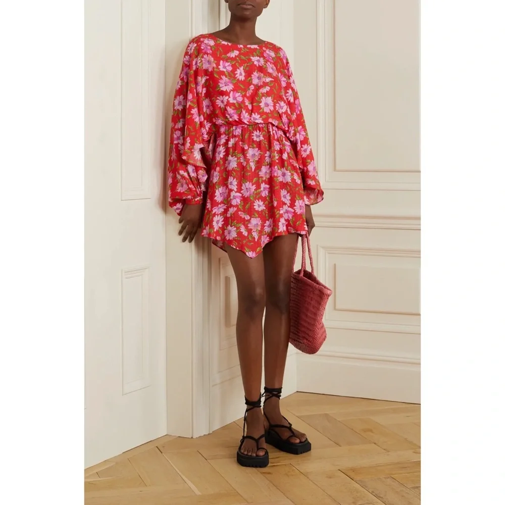 LoveShackFancy Red Hand Painted Floral Mini Dress NWT Large - Picture 12 of 16